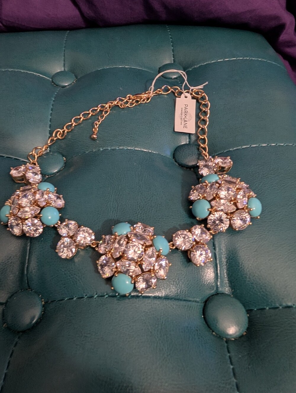 Park Lane Turquoise and Crystal Floral Statement Necklace - Gold